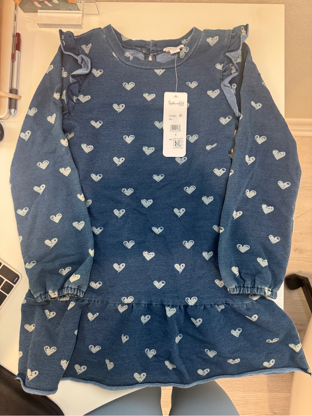 Splendid Blue Heart Print Ruffle Sleeve Dress